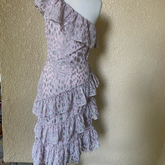 Lovers+Friends One Shoulder Asymmetrical Midi Gown Rose & Metallic Silver M NWT - Picture 4 of 9